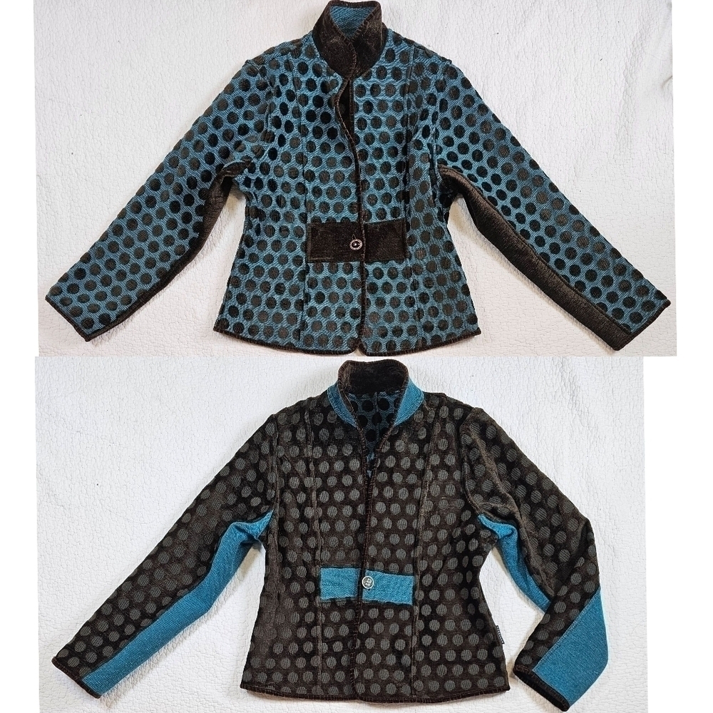 Khangura Reversible Tapestry Brown and Blue Polka Dot Blazer Jacket